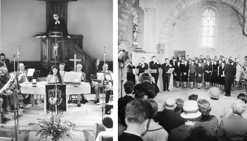 Le culte radio à Orbe, en 1963 (à gauche) et pour Pâques à Villeneuve en 1961 (à doite) / © Edipresse/Jean-Pierre Grisel / Archives RTS
