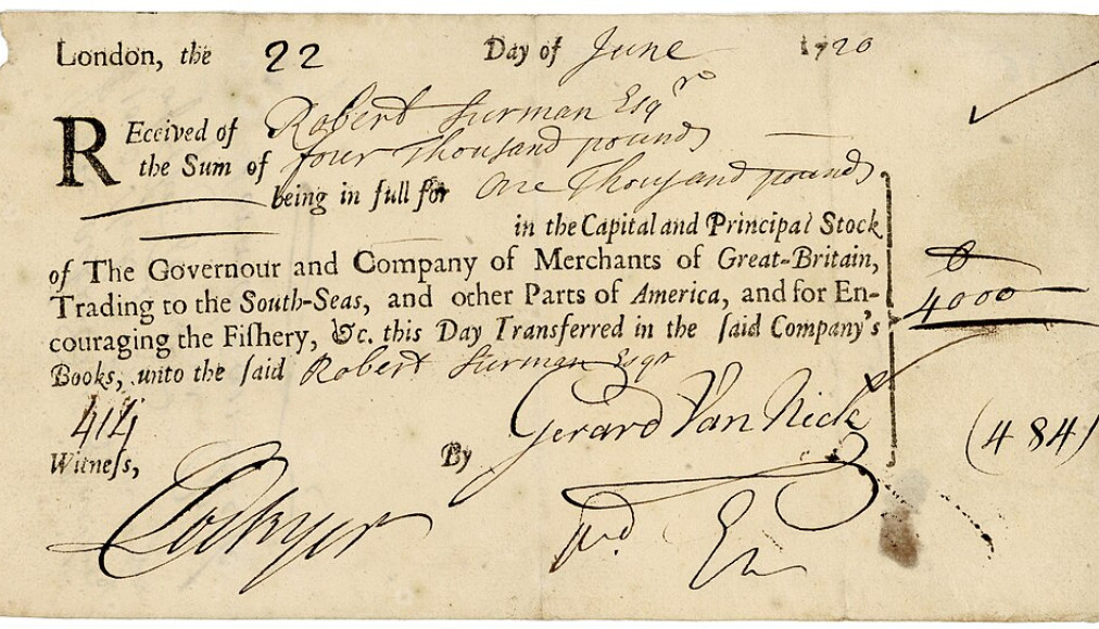 Certificat d'actions de la South Sea Company, dans laquelle l'Eglise anglicane a investi au 18e siècle Certificat d'actions de la South Sea Company, dans laquelle l'Eglise anglicane a investi au 18e siècle / ©Wikimedia Commons/CC0
