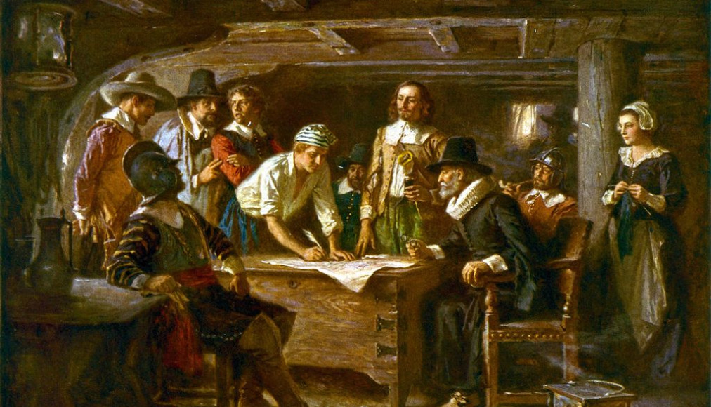 "La signature du Mayflower Compact", tableau d’Edward Percy Moran, conservé au musée de Plymouth. Reproduit par l'artiste Jean Leon Gerome Ferris (1863-1930).. "La signature du Mayflower Compact", tableau d’Edward Percy Moran, conservé au musée de Plymouth. Reproduit par l'artiste Jean Leon Gerome Ferris (1863-1930).. / © Jean Leon Gerome Ferris, Public domain, via Wikimedia Commons